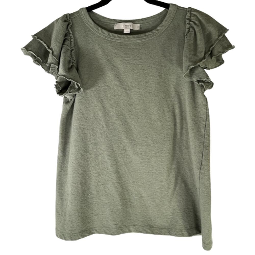 Loft Olive Green Ruffle Cap Sleeve Crew Neck T-Shirt Size S